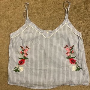 71) Blue and White Stripe Medium Flower Embroidered Tank Top